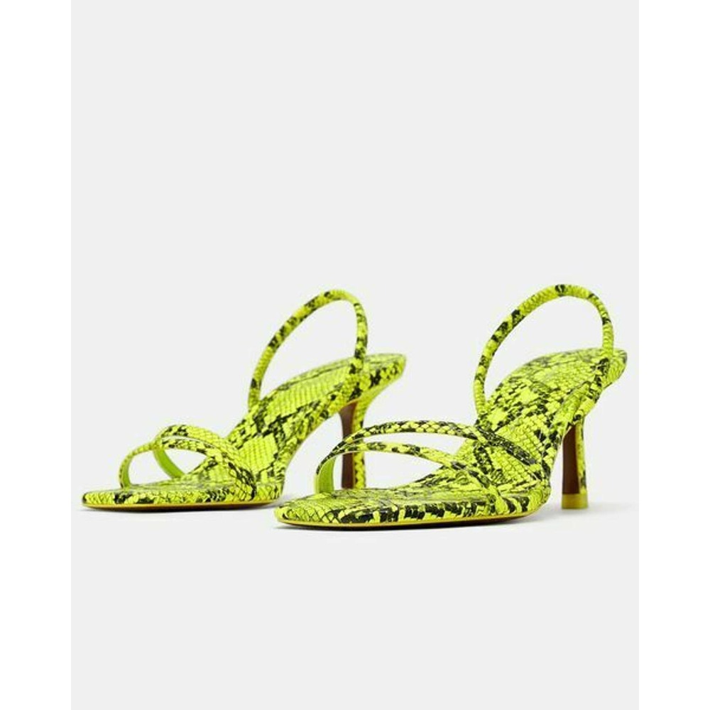 RARE Zara Lime Green Neon Yellow Snake Print Slides Heels Sandals EUR 41/ US 10